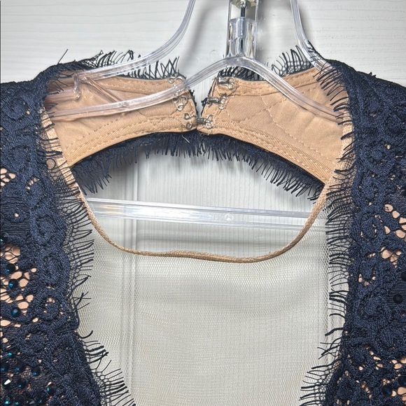 Navy Blue Evening Gown Nude Lining with Lace Overtop Beaded Plunging Neckline - Picture 5 of 16